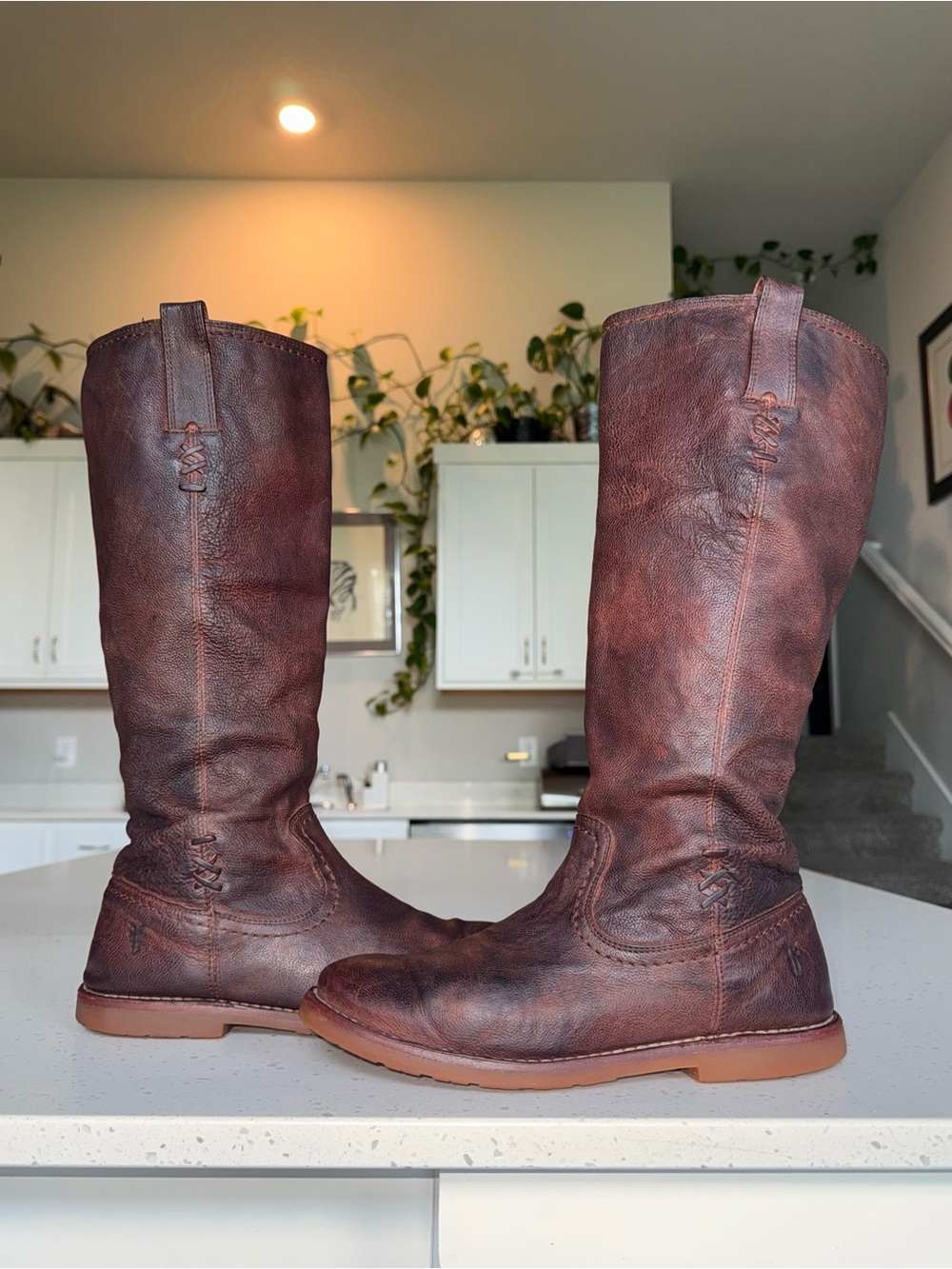 Frye Celia X-Stitch Rustic Brown Leather Tall Pull-On Boots